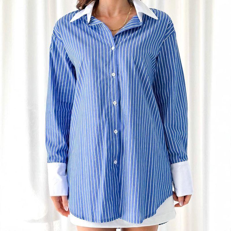 

European and American Lapel Blue and White Stripe Color Matching Top Loose Casual Outer Wear Long sleeve Shirts Women clothes Shirt Women Blue S