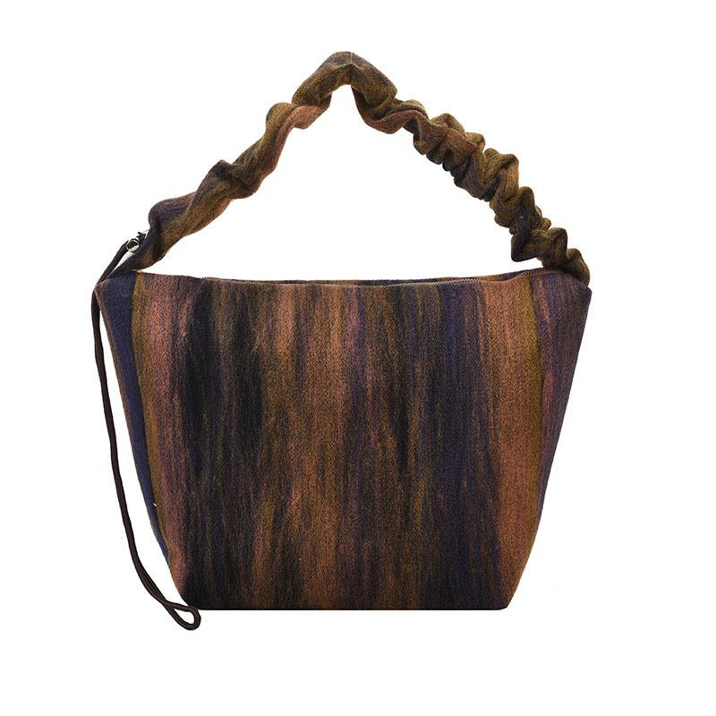 

Europe beautiful women bag retro romantic woolen bag contrasting stripes old niche pleated women large capacity shoulder bag світло-коричневого кольору