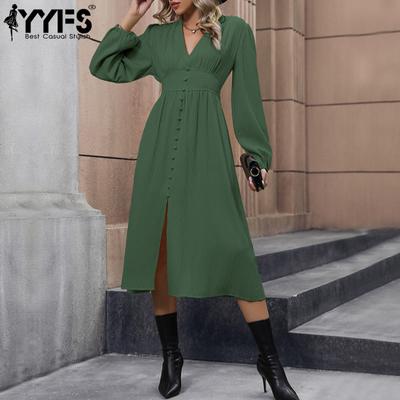 Damesmode Lente Herfst Effen Kleur Print Lange Mouw V-Hals Midden Taillelijn Casual Jurken