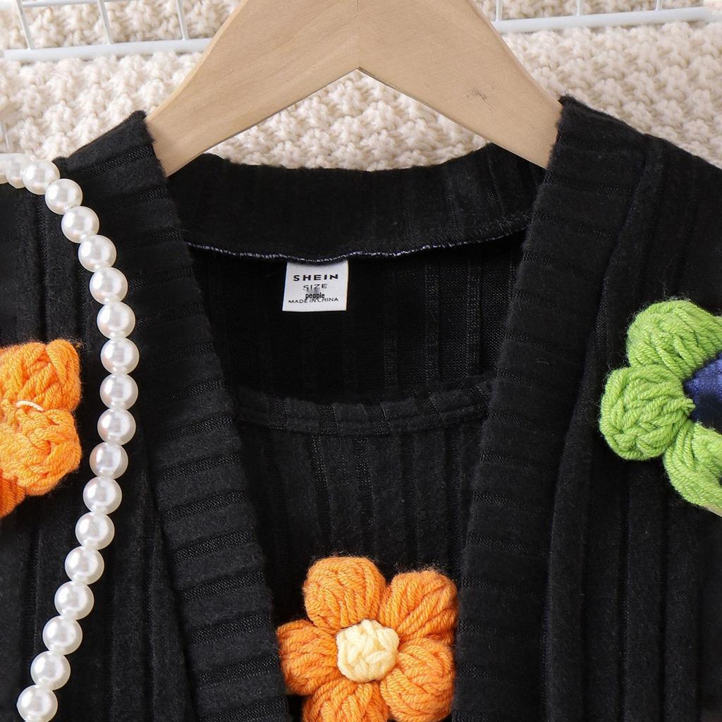 Girls' Floral Knit Cardigan & Slim Fit Camisole Dress Set for Spring and Autumn