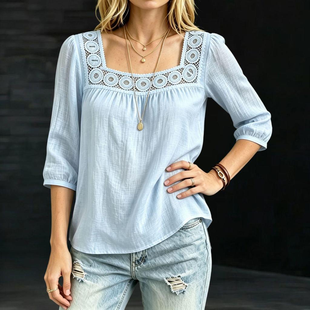 2026 Summer Women's Square Neck Lace Trim Seven-Sleeve Top
