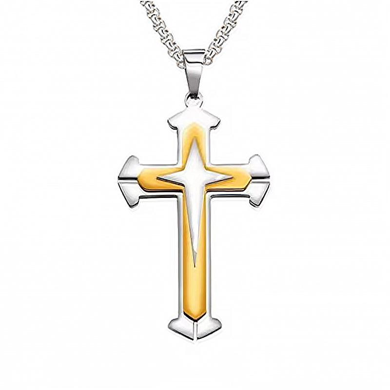 2026 Collana a Pendente Multistrato con Croce in Acciaio Inossidabile alla Moda in Stile Retro Europeo e Americano