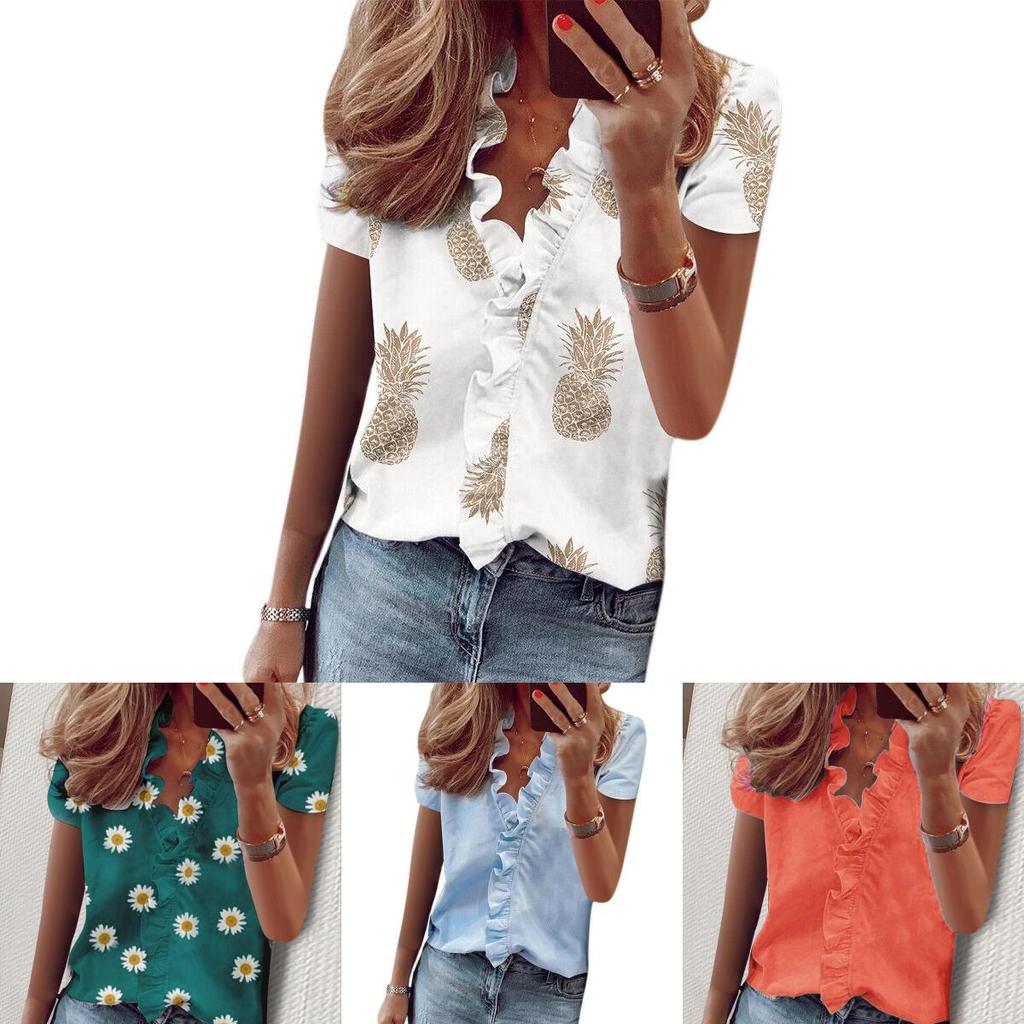 Stylish Women's V Neck Ruffle Short Sleeve T Shirt With Fashionable Daisy Print