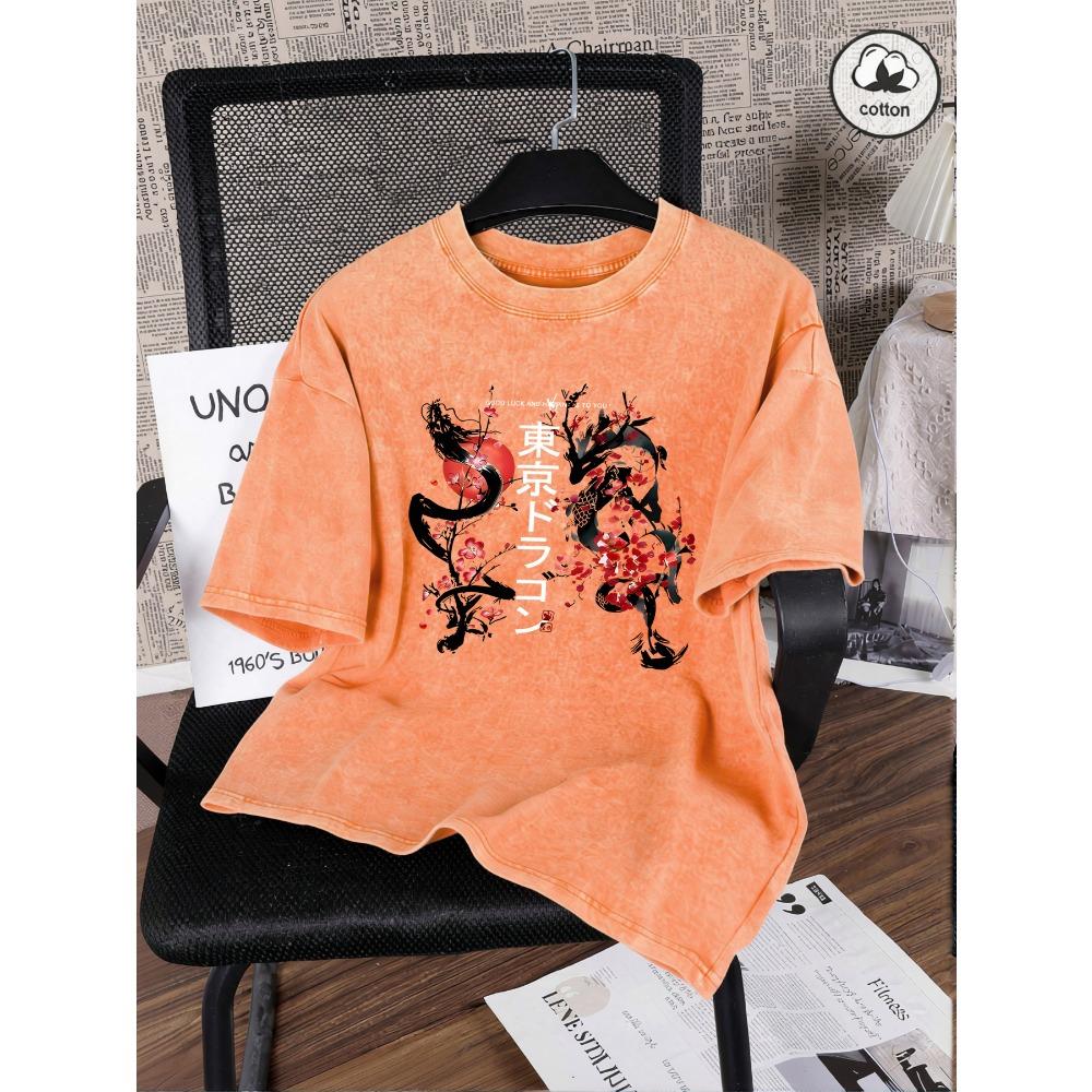 Tokyo Harajuku Dragon Cherry Blossom Print Women Washed T-Shirts Summer Cotton T Shirt Loose Short Sleeves Vintage Clothes