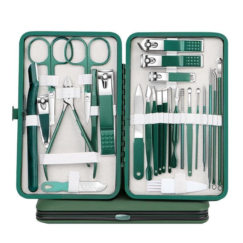 Hochwertiges 26-teiliges Maniküre-Set aus Edelstahl in kompaktem Etui in Dunkelgrün