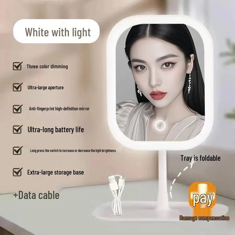 LED Makeup Mirror with Light for Student Dormitory – Portable Desktop Vanity Mirror Touch Control - Three-Color Light/HD Mirror