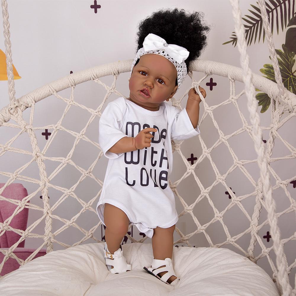 KEIUMI 57 CM Reborn Girl Dolls Full Silicone Vinyl Fashion Black Skin Newborn Babies Doll Toy Kids Birthday Christmas Gifts