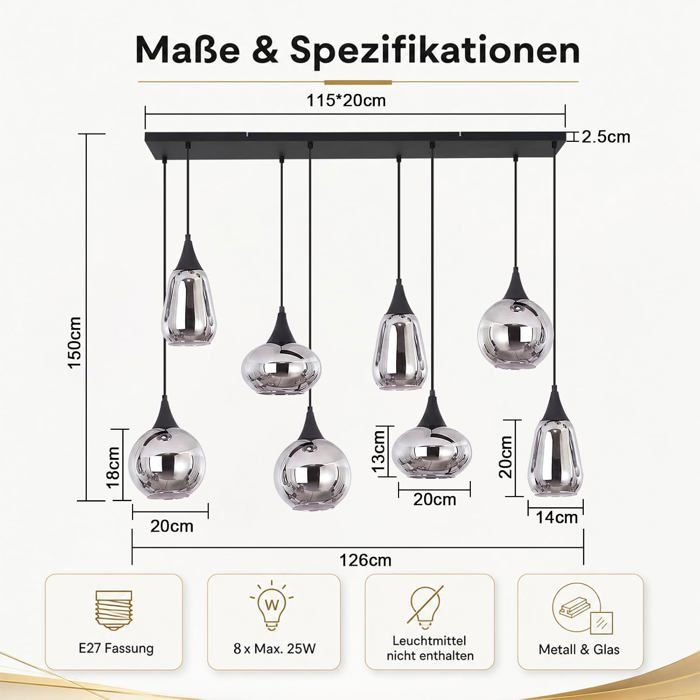 NETTLIFE Lustre douille en verre E27 8 lampes cordon de suspension réglable en hauteur style rétro
