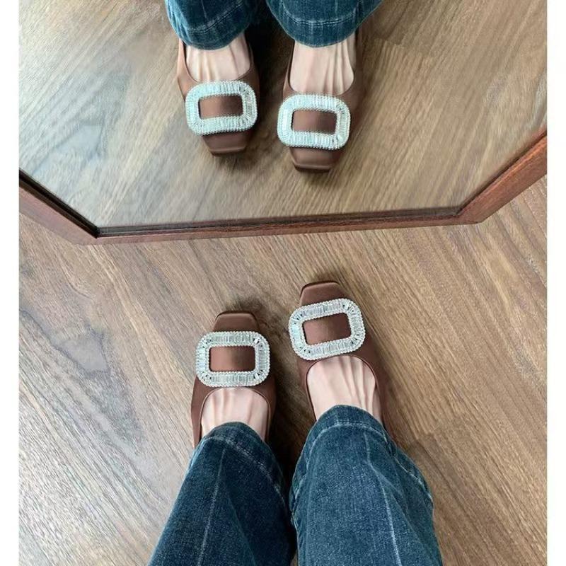 Diamond buckle exquisite small square head satin light mouth thick heel Mary Jane shoes flat single shoes women