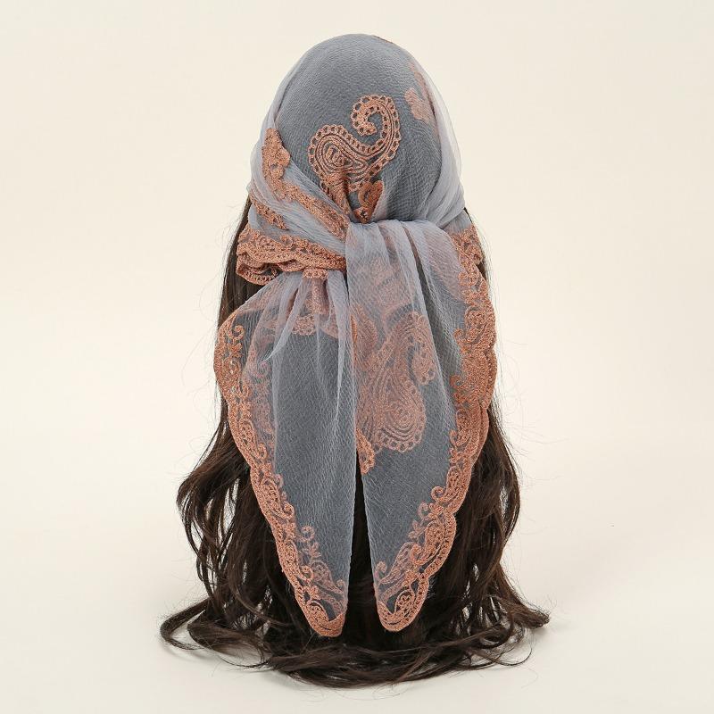 

Cashew flower embroidered square scarf, headscarf elegant breathable yarn scarf, curved hat, simple pullover headscarf 78*73cm