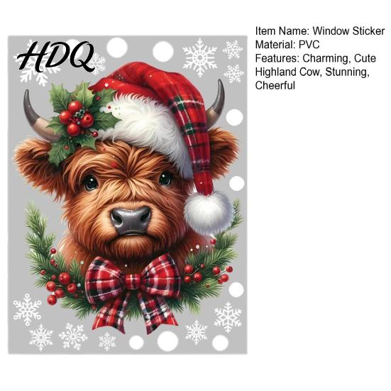 Reusable Window Clings for Classroom Christmas Clings Cute Highland Cow Sticker with Santa Hat Winter Easy Remove Wall Decals Home Double-Side