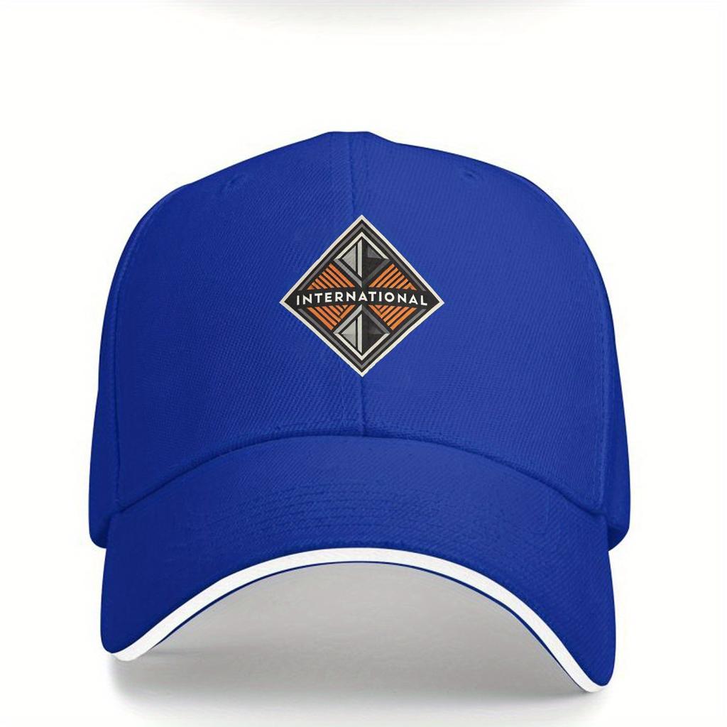 Outdoor Adventure Adjustable Lightweight Baseball Cap with Retro Geometric INTERNATIONAL Logo  Navy Blue PVC Coated