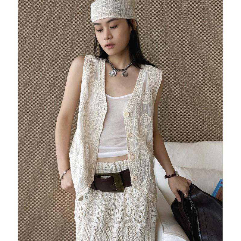 Johnature Summer French-Style Bohemian Embroidered Hollow Handmade Feel Sleeveless Top For Women