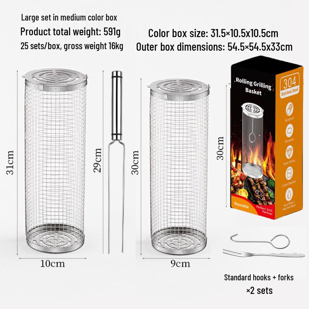 Outdoor BBQ Rolling Grill Basket, 304 Stainless Steel Barbecue Cylinder Net Cage.