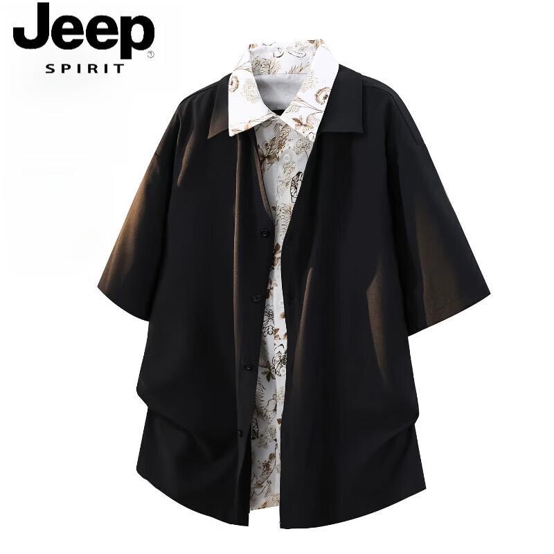 JEEP SPIRIT Men s Retro Lapel Short Sleeve Faux Two-Piece Shirt M