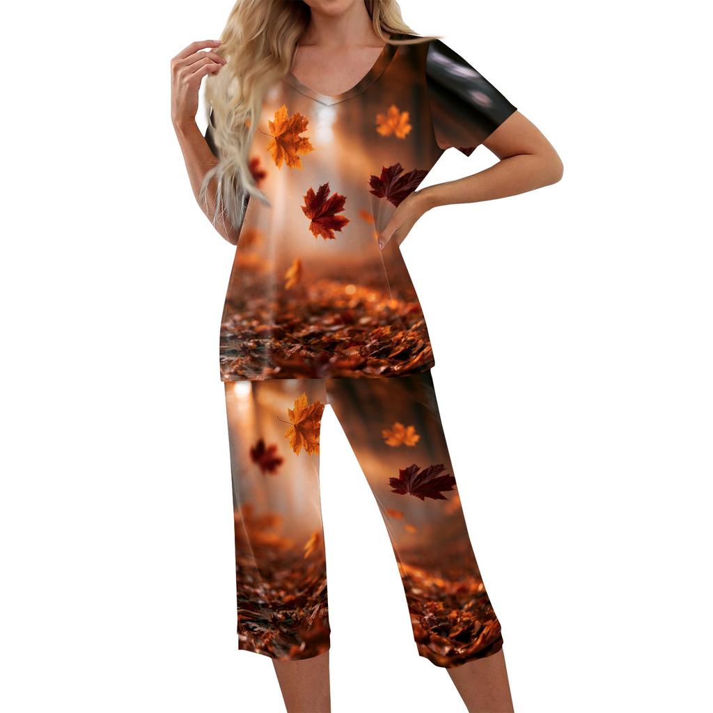 Women's 2 Piece Tracksuit Set Leaf Print Short Sleeve Top and Pants Casual Sportswear