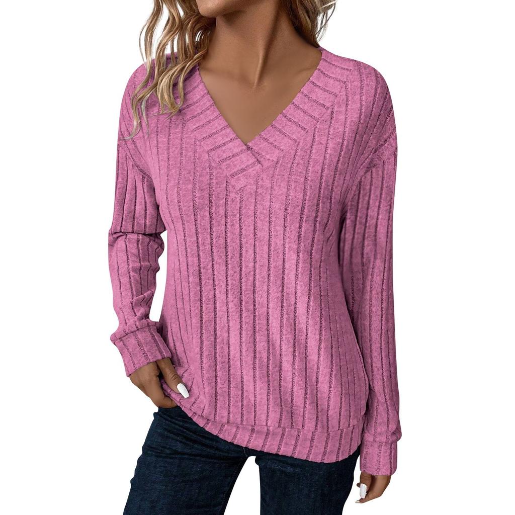 Women Long Sleeve V Neck Pullover Sweater Lightweight Ribbed Knit Top Casual Loose Fit Pullover Shirt for Everyday Wear