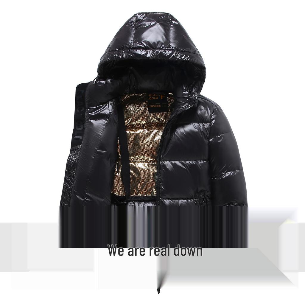 Unisex Kurze Glänzende Schwarze & Goldene Daunenjacke: Dick, Waschbar, Kältefest, Trendig, Hochwertig