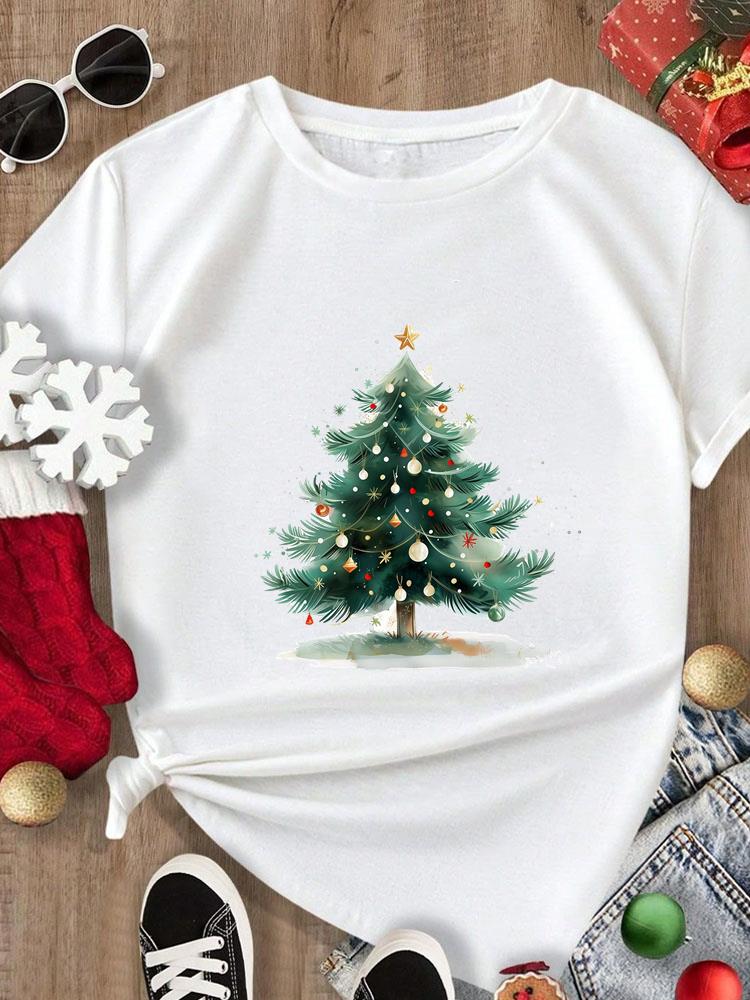 (Asian Size) Tee Merry Christmas New Year Holiday Top festival Casual Women cartoon trend cute Print Lady Short Sleeve Fashion Graphic T-shirts