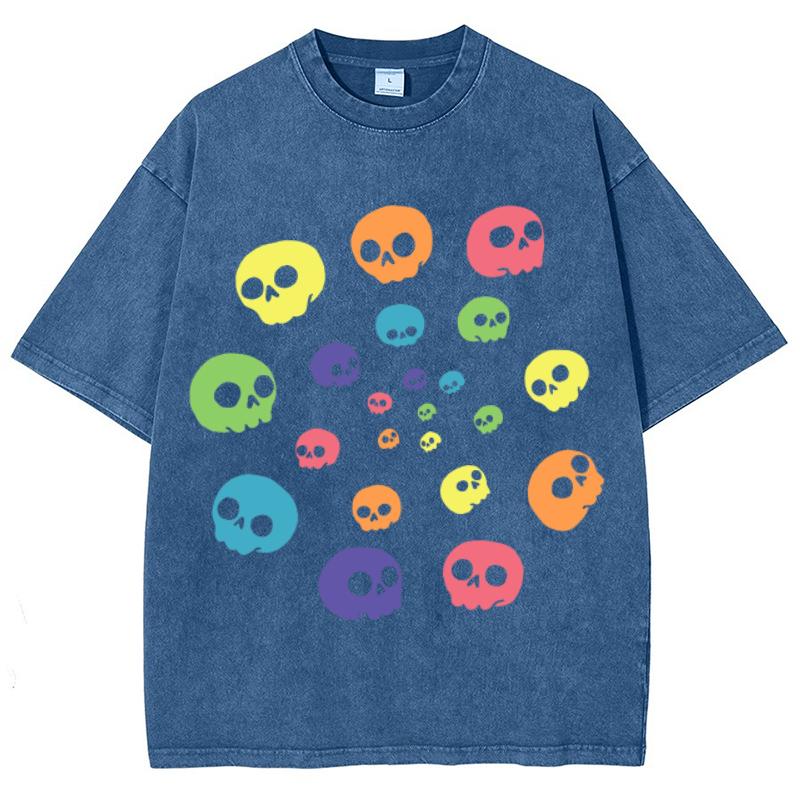 Cute Funny Style Colorful Skull Print Women's T-Shirt Round Neck Loose Oversized Short Sleeve Fashion Design Vintage Top Tee
