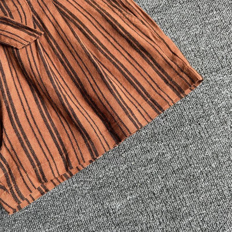 

Fashion Summer High Waist Slim Looking Cotton and Linen Casual Loose Pants Orange vertical bar shorts missing belt S