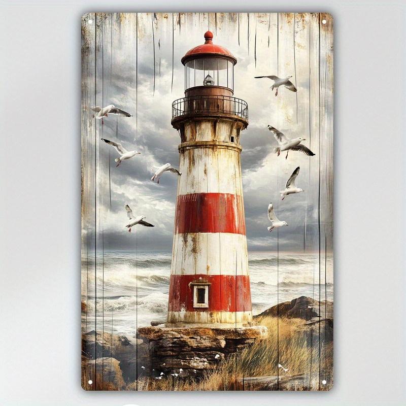 1pc Vintage Coastal Metal Tin Sign Wall Art - Seagulls & Lighthouse Rustic Decor with Easy Hang, Reusable Tin Trim, Durable Naut