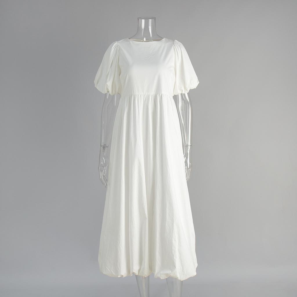 Pure cotton round neck bubble sleeve dress European and American spring and summer new solid color loose casual dress women