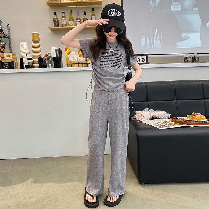 Girls' Summer Sports Suit, Drawstring Top, Short-Sleeved Wide-Leg Pants Two-Piece Set