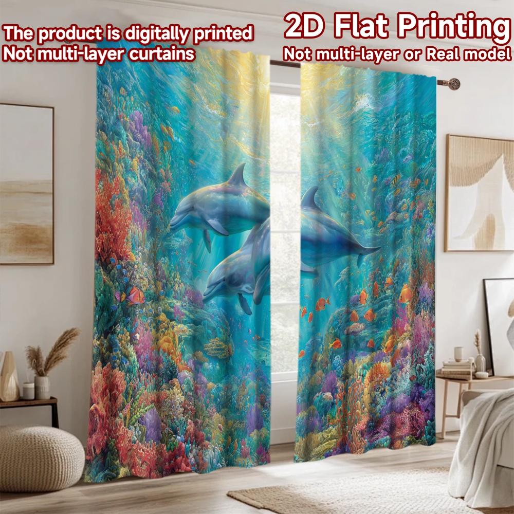 2D Flat Printing 2pcs Curtain Dolphins Coral Reef Ocean Digital Printed Polyester Drapes Festive Holiday Perfect for Photo