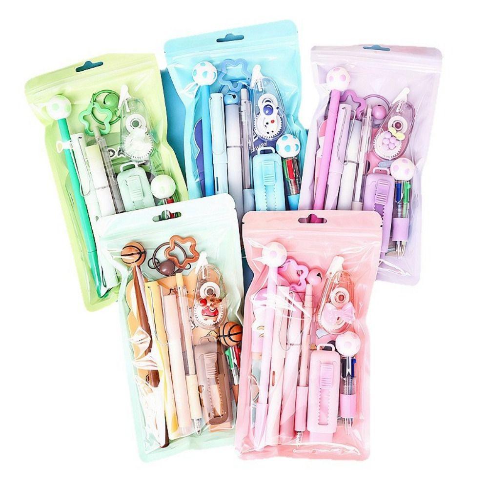 Cartoon School Stationery Set 6 Color Pens Stick Note Cartoon Stationery Set Book Ballpoint Pen Student Tools Gift Kit
