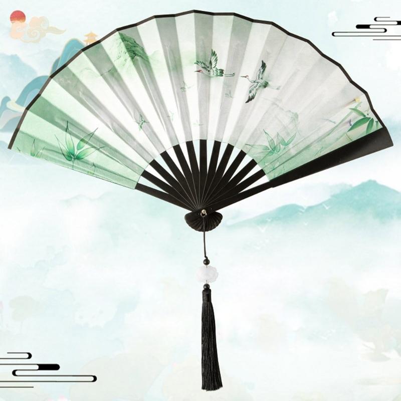 Chinese Double Sided Painting Folding Fan Vintage Handhelds Fan with Tassels Plastic Foldable Hand Fan for Parties