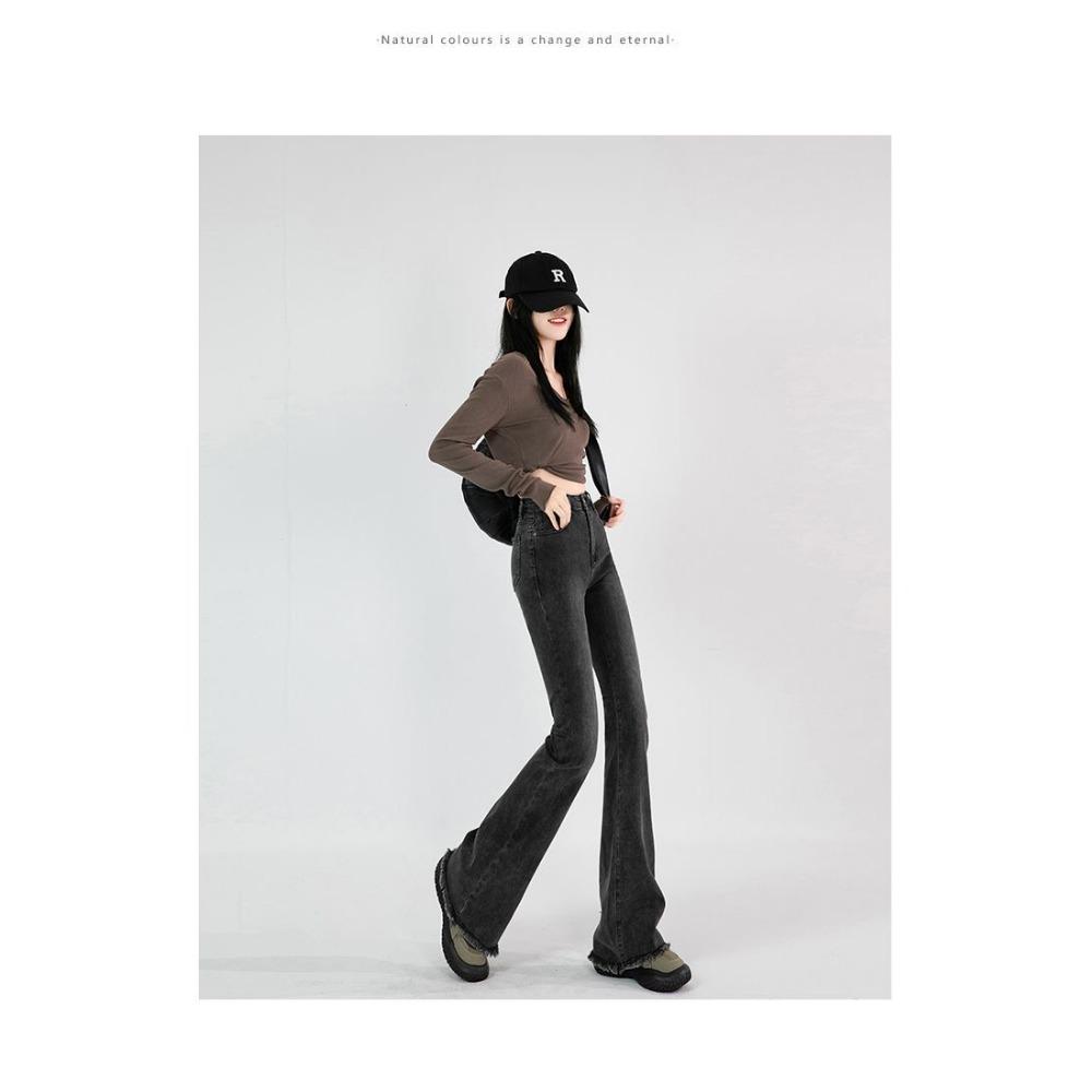 Raw Edge Design Sense Black Gray Micro Flared Jeans Woman