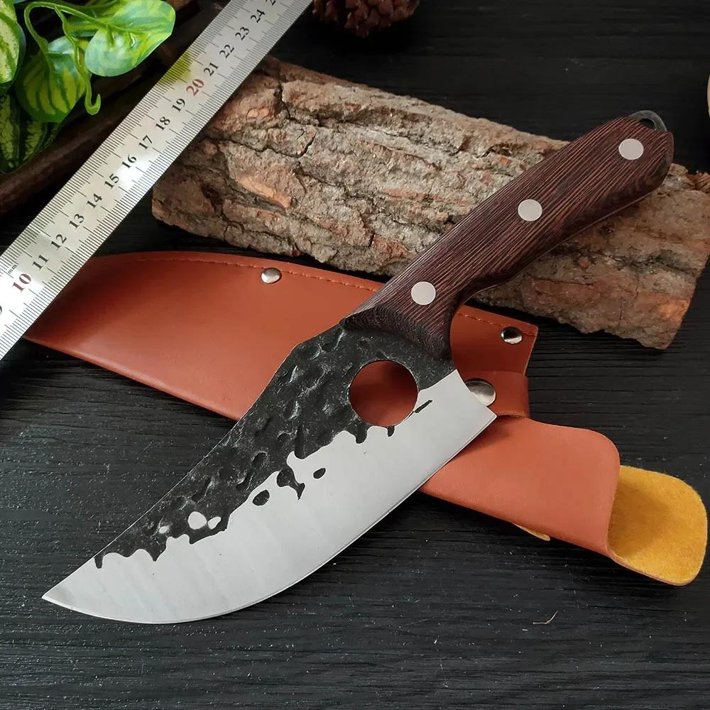 With Finger Hole Boning Knife Meat Cleaver Chopping Vegetables Kitchen Knives Hand Forged Blade Chef Slicing Knife Wooden Handle
