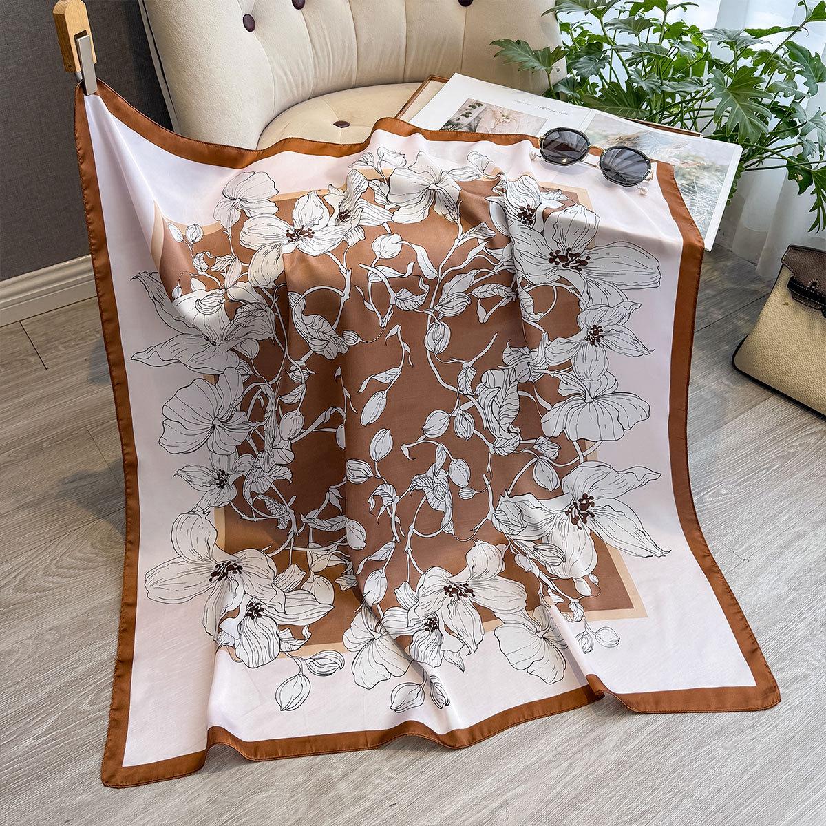 

Spring And Summer 90Cm Silk Scarf Women S Satin Printing Imitation Silk Scarf Large Square Scarf Temperament Shawl Bag Headscarf 90*90