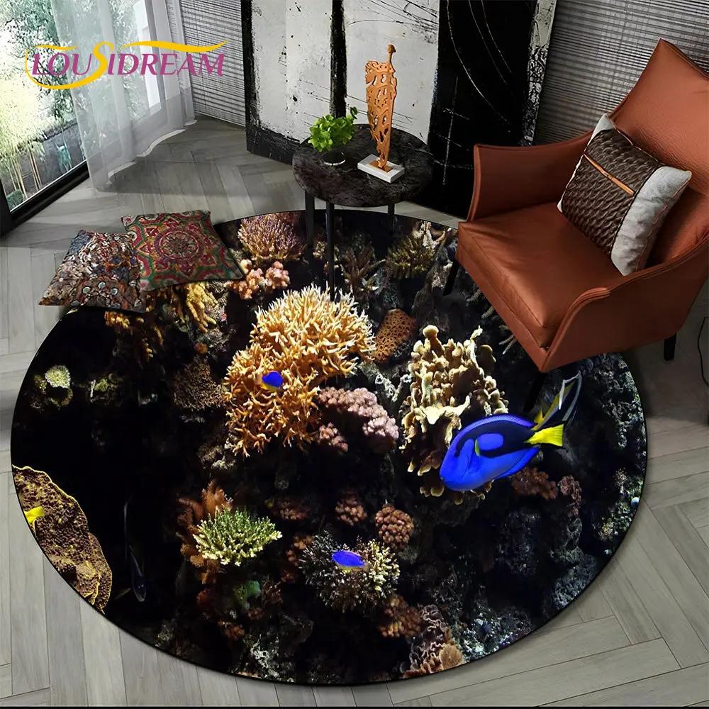 3D Seabed Underwater World Dolphin Turtle Round Area Rug,Carpet for Living Room Bedroom Sofa Playroom Decor,Non-slip Floor Mat