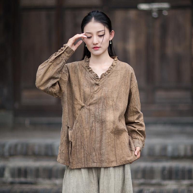 

Johnature Women Vintage Shirts V-Neck Long Sleeve Button Autumn Blouses Loose Chinese Style Female Shirts One Size