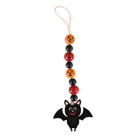 Halloween Wooden Beads Garland Hanging Pumpkin Ghost Bead with Cat Spider Witch Ornaments for Halloween Indoor Outdoor Tree Decor