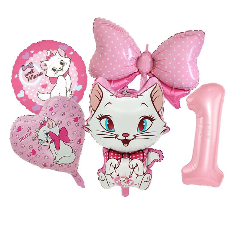 5pcs Marie Cat Bow Balloons Pink Girls Birthday Party Balloons Decoration Cartoon Marie Cat Animal Pet Balloon Baby Shower Decor