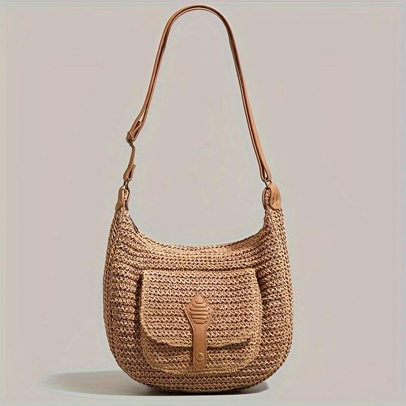 Women's Fashi Large Capacity Woven Straw Crossbody Bag, Saddle Dumpling Shape Hobo Satchel, Ideal for Vacati Travel Shopping