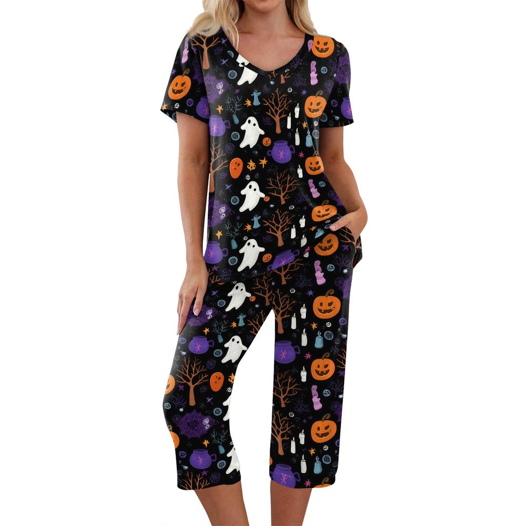 Women's Festive Halloween Print Tracksuit Set - 2 Piece Short Sleeve Top & Cropped Pants, Casual Costume Outfit for Fall Party