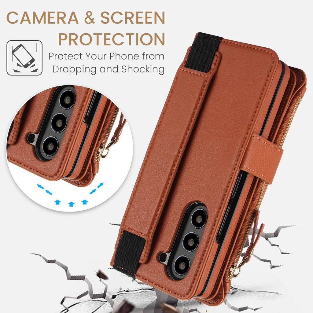 For Samsung Galaxy Z Fold 7, Flip Wallet Case with Wrist Strap, S Pen Holder, Hand Strap, Kickstand, Card Slots, Zipper Pocket