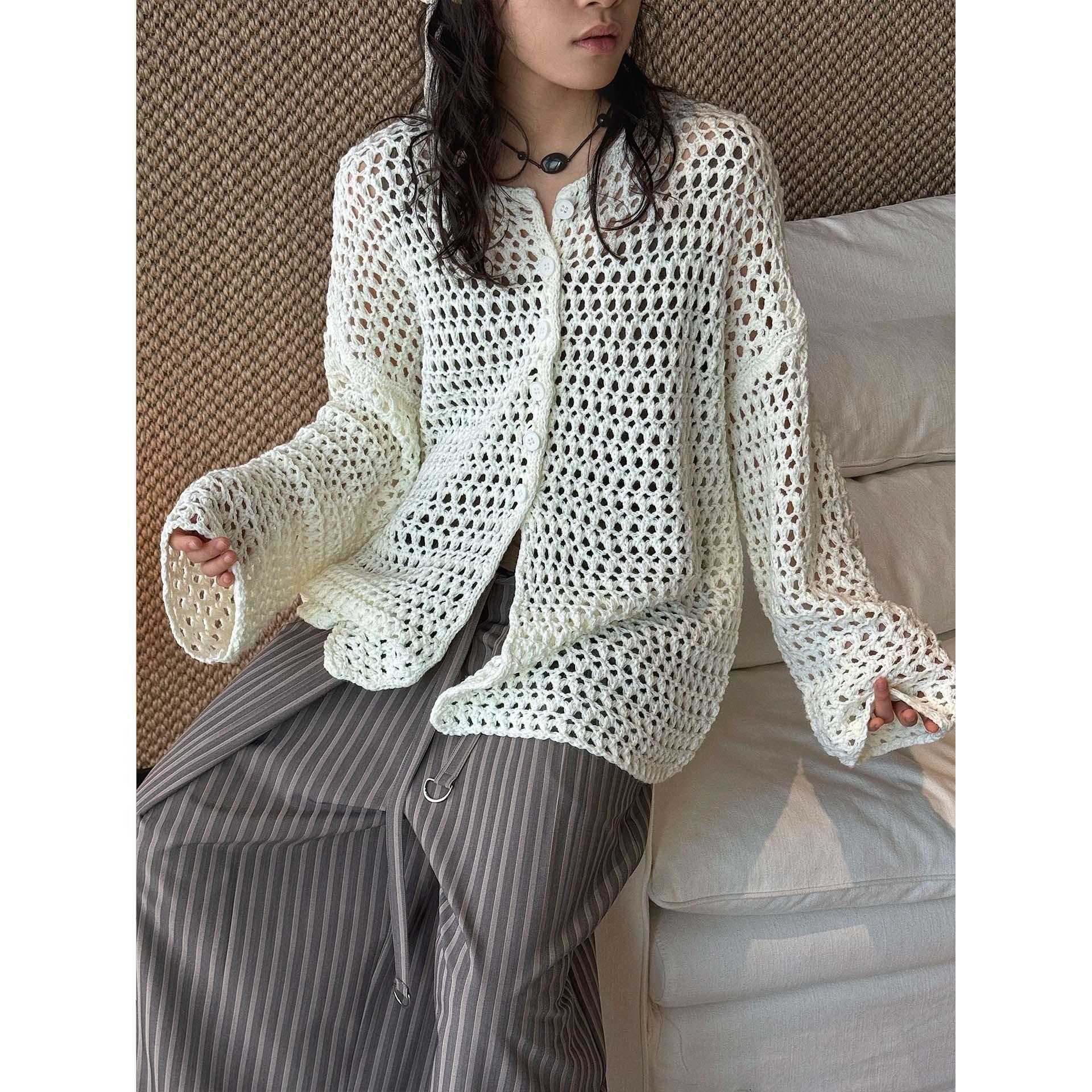 

Johnature Korean-style Lazy Hollow-knit Cardigan Loose-fitting Top For Women Spring Casual Simple Pullover Sweater One Size білий