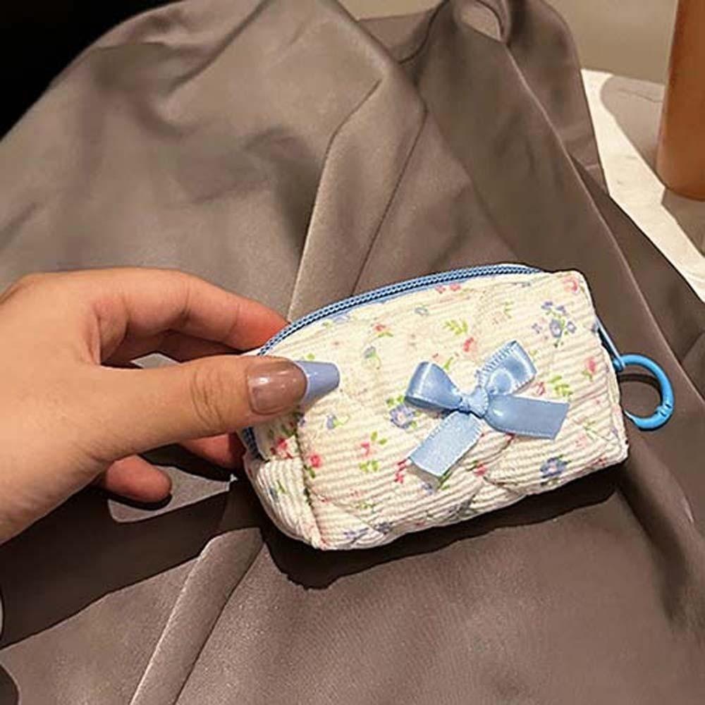 Embroidered Bowknot Quilted Cosmetic Pouch Floral Print Small Coin Purse Teenage Girls