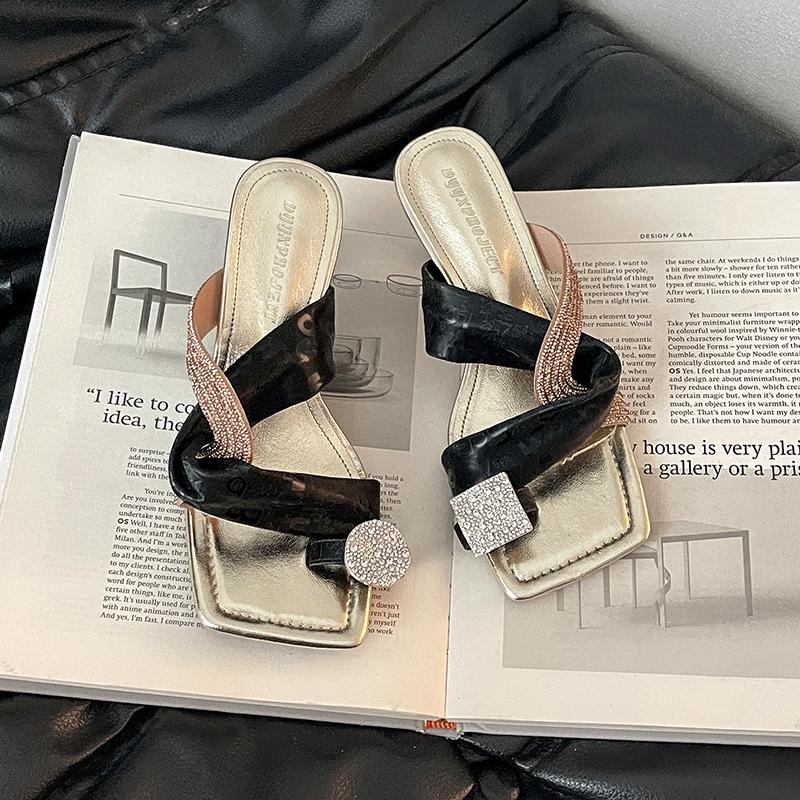 Cross-strap women's square head slippers outer wear summer new Internet celebrities popular temperament versatile open-toed high-heeled cool slippers