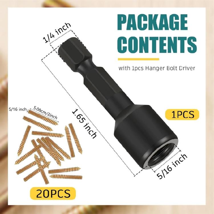 20Pcs Double Headed Dowel Screw With Driver Carbon Steel Hanger Bolts for Wooden Stairs Outdoor Furniture Installation