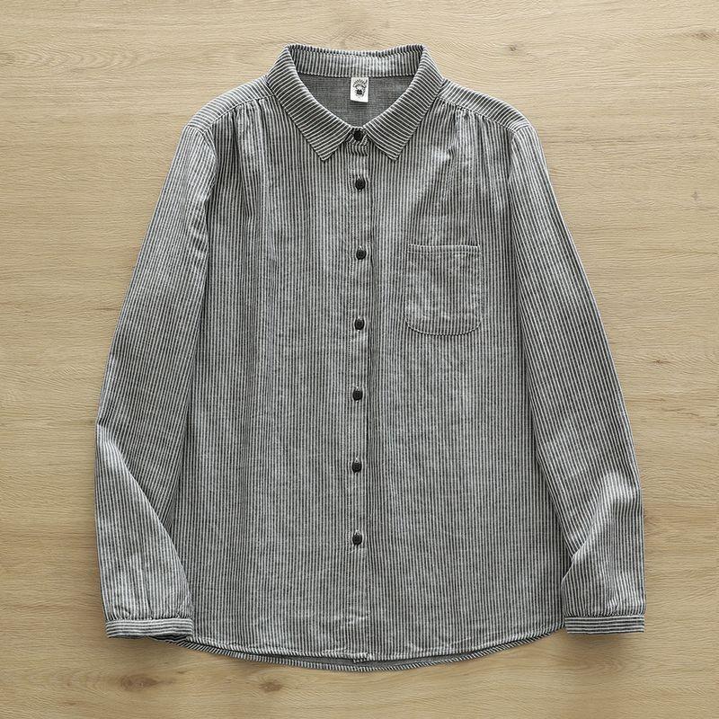 

Оригинальный заказ для экспорта, Осень, Художественная, Ретро, Двухцветная рубашка в тонкую полоску двойного плетения, Женская двухслойная хлопковая марлевая рубашка с длинными рукавами Light gray L