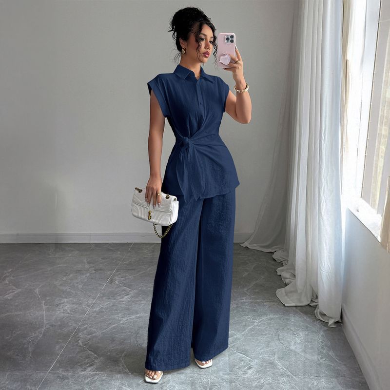

Vest and Pants Set2025 European and American Women clothes Spring and Summer Elegant High-Grade Sense Short sleeve Vest Trousers Set Navy blue XL