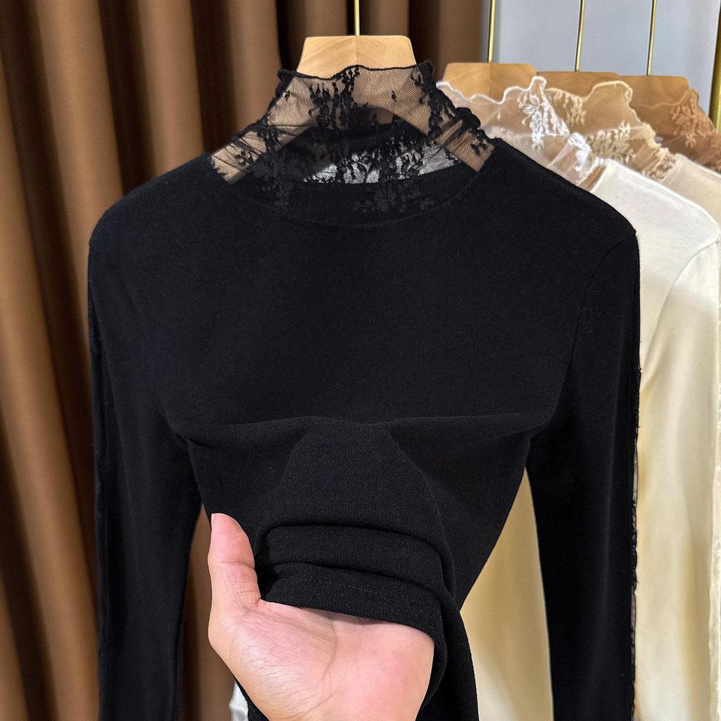 Women's Brushed Lace Base Layer Top: High Neck, Long Sleeve, Ruffled Collar, Slim Fit - Autumn/Winter Arrival