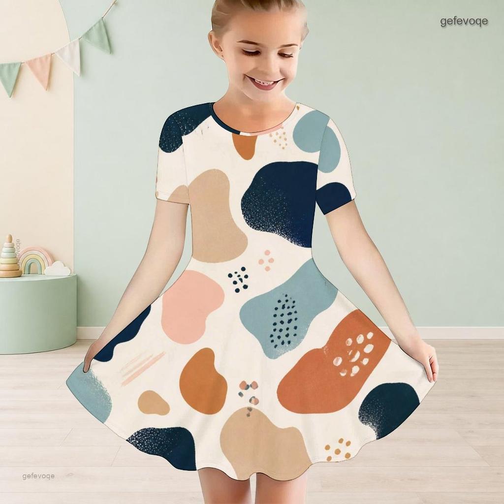 Girls Round Neck Short Sleeve Abstract Printed A Line Flared Dress