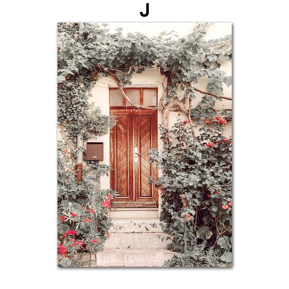 Retro Town Flower Street View Car Moto Bike Windowsill WallPosters Art Canvas Painting  And Prints Picture For Living Room Decor